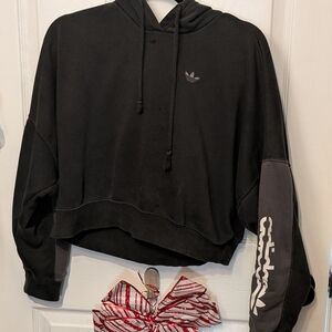 Adidas Women's Black and Gray Hoodie Cropped Sweater